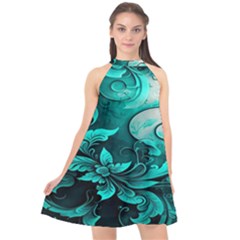 Turquoise Flower Background Halter Neckline Chiffon Dress 