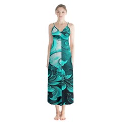 Turquoise Flower Background Button Up Chiffon Maxi Dress