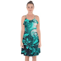 Turquoise Flower Background Ruffle Detail Chiffon Dress