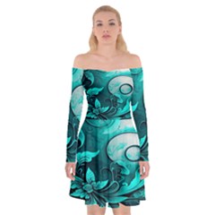 Turquoise Flower Background Off Shoulder Skater Dress