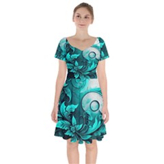 Turquoise Flower Background Short Sleeve Bardot Dress