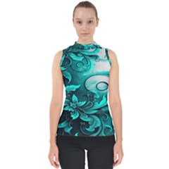 Turquoise Flower Background Mock Neck Shell Top