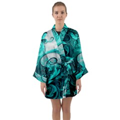 Turquoise Flower Background Long Sleeve Satin Kimono