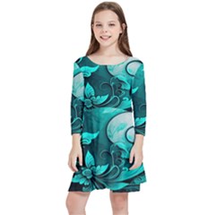 Turquoise Flower Background Kids  Quarter Sleeve Skater Dress