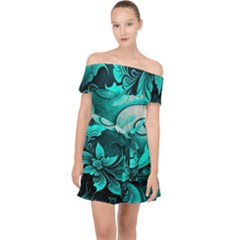 Turquoise Flower Background Off Shoulder Chiffon Dress