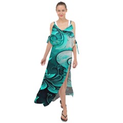 Turquoise Flower Background Maxi Chiffon Cover Up Dress