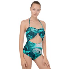 Turquoise Flower Background Scallop Top Cut Out Swimsuit