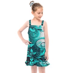 Turquoise Flower Background Kids  Overall Dress