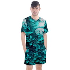 Turquoise Flower Background Men s Mesh Tee and Shorts Set