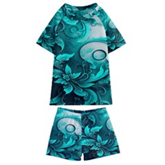 Turquoise Flower Background Kids  Swim Tee and Shorts Set