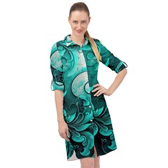 Turquoise Flower Background Long Sleeve Mini Shirt Dress