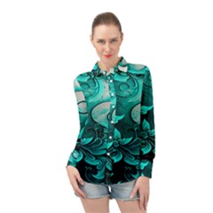 Turquoise Flower Background Long Sleeve Chiffon Shirt