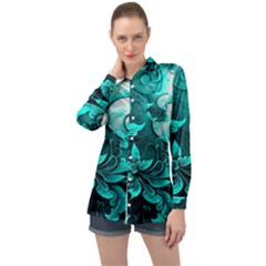 Turquoise Flower Background Long Sleeve Satin Shirt