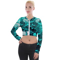 Turquoise Flower Background Long Sleeve Cropped Velvet Jacket by artworkshop