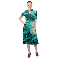 Turquoise Flower Background Keyhole Neckline Chiffon Dress