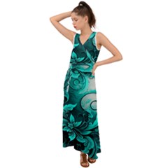 Turquoise Flower Background V-Neck Chiffon Maxi Dress