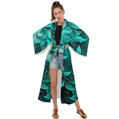 Turquoise Flower Background Maxi Kimono