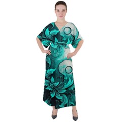 Turquoise Flower Background V-Neck Boho Style Maxi Dress
