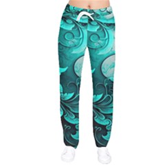 Turquoise Flower Background Women Velvet Drawstring Pants