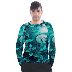 Turquoise Flower Background Men s Long Sleeve Raglan Tee