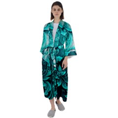 Turquoise Flower Background Maxi Satin Kimono