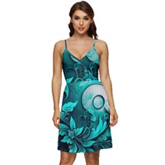 Turquoise Flower Background V-Neck Pocket Summer Dress 