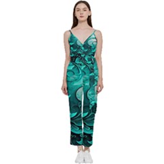 Turquoise Flower Background V-Neck Spaghetti Strap Tie Front Jumpsuit