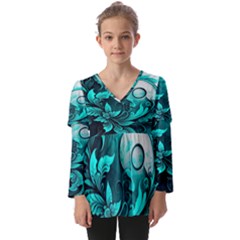 Turquoise Flower Background Kids  V Neck Casual Top