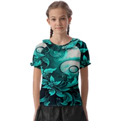 Turquoise Flower Background Kids  Frill Chiffon Blouse