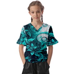 Turquoise Flower Background Kids  V-Neck Horn Sleeve Blouse