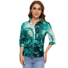 Turquoise Flower Background Women s Quarter Sleeve Pocket Shirt