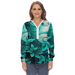 Turquoise Flower Background Zip Up Long Sleeve Blouse