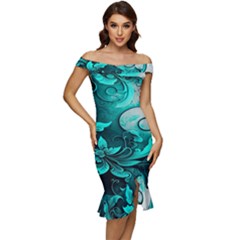 Turquoise Flower Background Off Shoulder Ruffle Split Hem Bodycon Dress