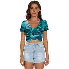 Turquoise Flower Background V-Neck Crop Top