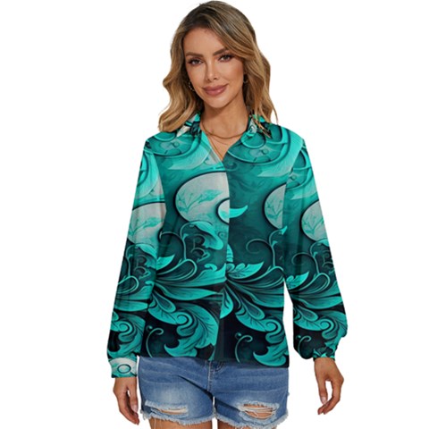 Turquoise Flower Background Women s Long Sleeve Button Down Shirt by artworkshop