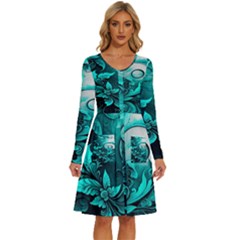 Turquoise Flower Background Long Sleeve Dress With Pocket