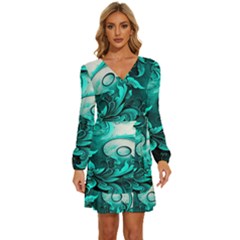 Turquoise Flower Background Long Sleeve Waist Tie Ruffle Velour Dress