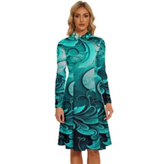 Turquoise Flower Background Long Sleeve Shirt Collar A-Line Dress