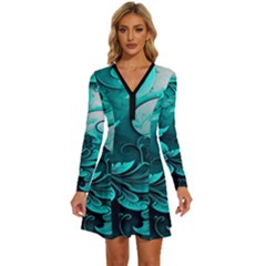 Turquoise Flower Background Long Sleeve Deep V Mini Dress 