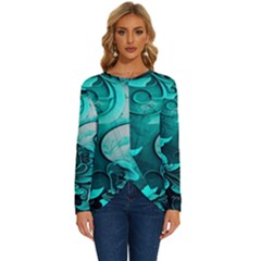 Turquoise Flower Background Long Sleeve Crew Neck Pullover Top