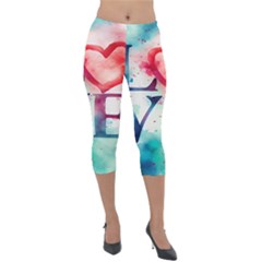 Valentines Day Heart Watercolor Background Lightweight Velour Capri Leggings  by artworkshop