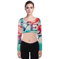 Valentines Day Heart Watercolor Background Velvet Long Sleeve Crop Top by artworkshop