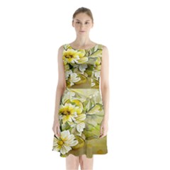 Watercolor Yellow And-white Flower Background Sleeveless Waist Tie Chiffon Dress by artworkshop