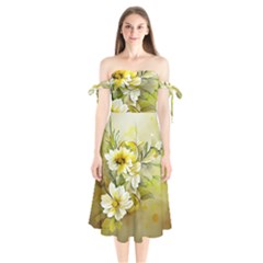 Watercolor Yellow And-white Flower Background Shoulder Tie Bardot Midi Dress by artworkshop