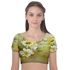 Watercolor Yellow And-white Flower Background Velvet Short Sleeve Crop Top  by artworkshop