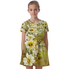 Watercolor Yellow And-white Flower Background Kids  Short Sleeve Pinafore Style Dress