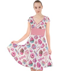 Donut Sweet Lollipop Cand Cap Sleeve Front Wrap Midi Dress