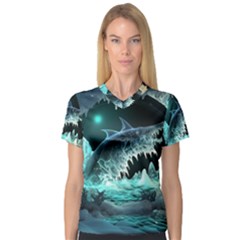 Sculpture Dinosaur Shark Frozen Winter Fantasy V-neck Sport Mesh Tee