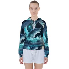 Sculpture Dinosaur Shark Frozen Winter Fantasy Women s Tie Up Sweat