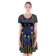 Line Square Pattern Violet Blue Yellow Design Short Sleeve V-neck Flare Dress